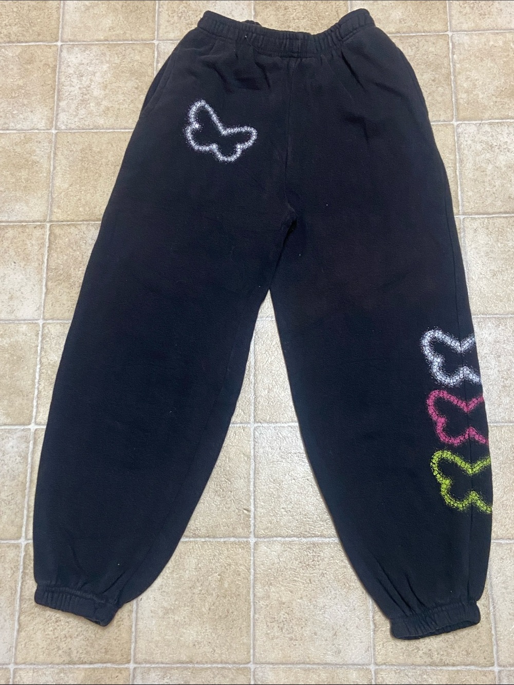 No Boundaries Black Sweatpants with White, Pink and Neon Green Butterfly Accents